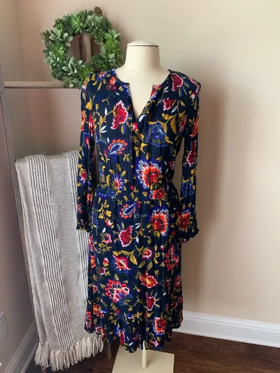 Old Navy navy blue with flowers midi dress - Picture 1 of 5